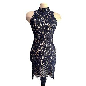 Lace Mock Neck Pencil Dress Fisoul Blue & Cream Sz Small Womens Sleeveless